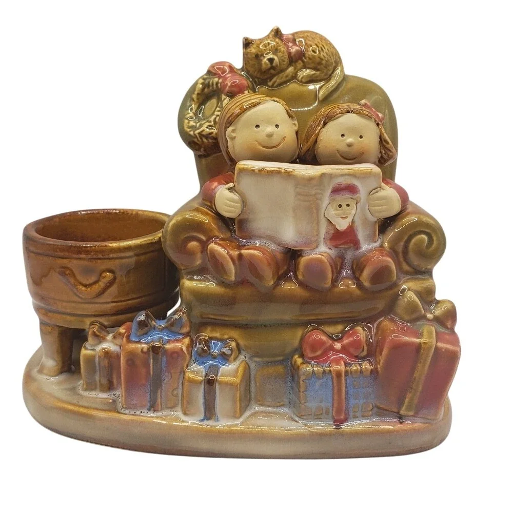 Ceramic Christmas Scene Candle‎ Holder Children Reading Cat on Chair Gifts
